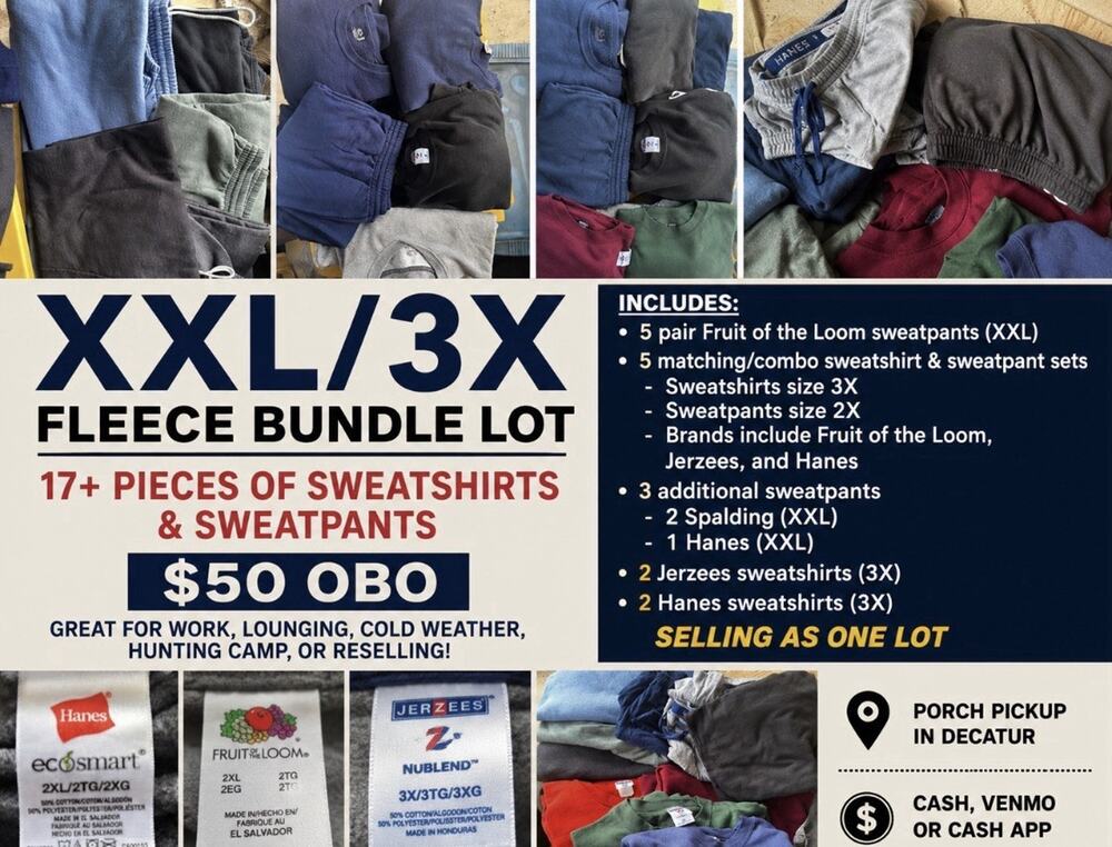 Men’s XXL & 3X Sweatpants/Sweatshirts Lot - Hanes, Jerzees, Fruit of the Loom